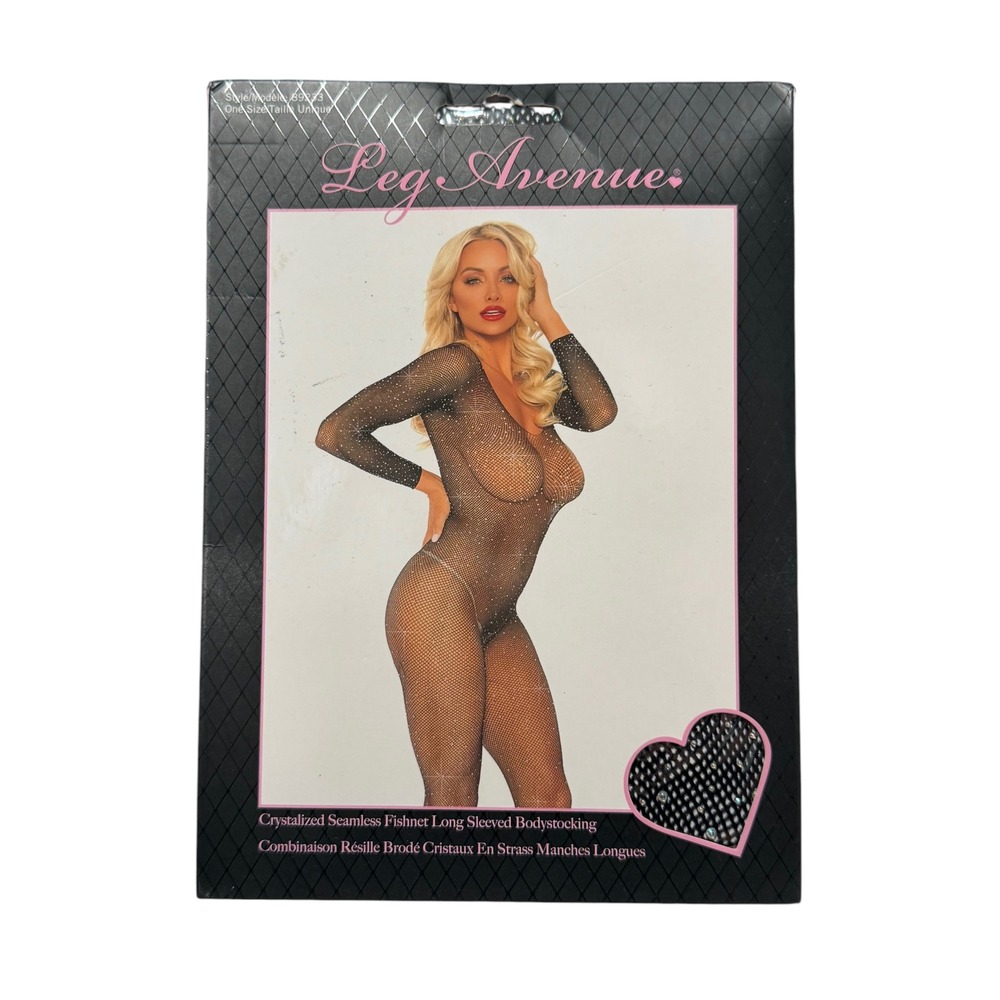Leg Avenue Black Crystalized Seamless Fishnet Long Sleeve Bodystocking 89233 OS